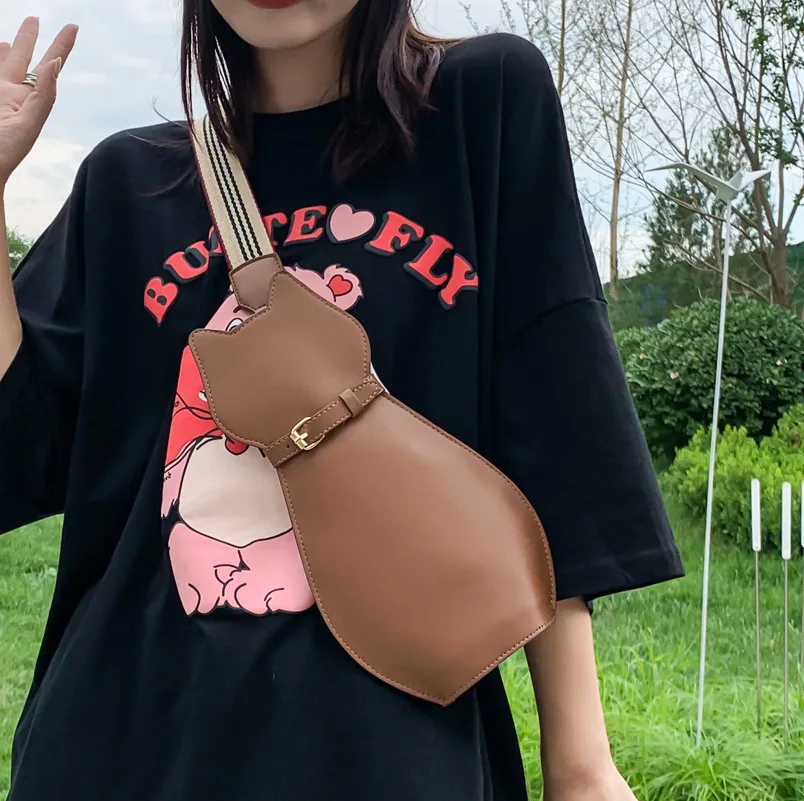 Designer Vintage Chest Waist Women Bag Cute Cat Shape Shoulder Casual Crossbody Bag Purse Lady Cartoon Imitation Leather Handag