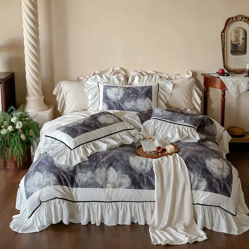 Korean Style Bedding Sets Luxury 100% Cotton Chiffon Lace Flowers Printing Duvet Cover Bed Sheet Pillowcases Home Textile