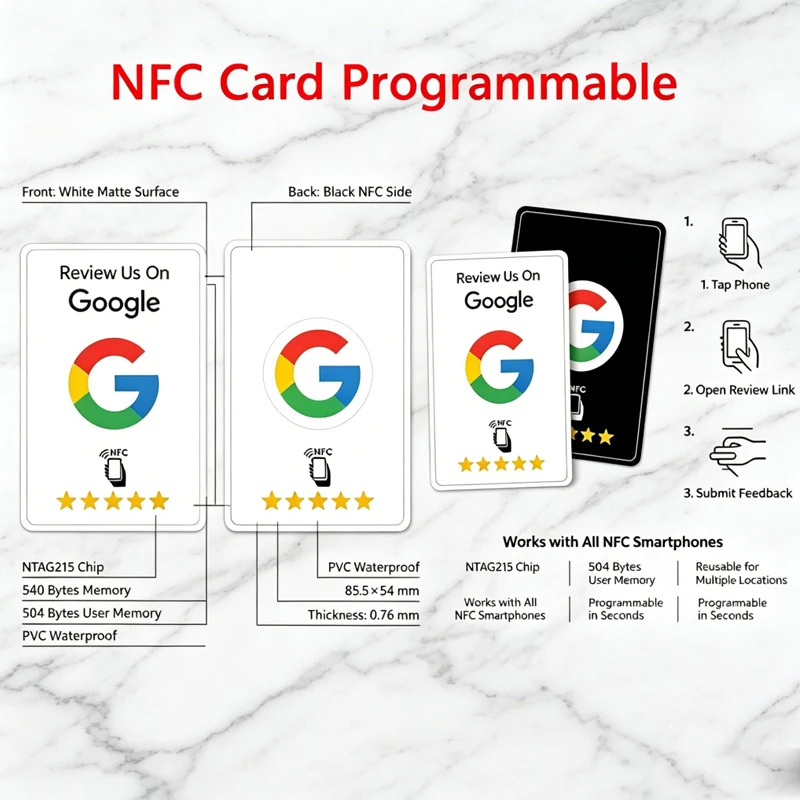 1-200Pcs Black* Premium *Wear‑Resistant Matte Finish Reusable Google Review Tap NFC Card Programmable NFC Tap Card User‑Friendly