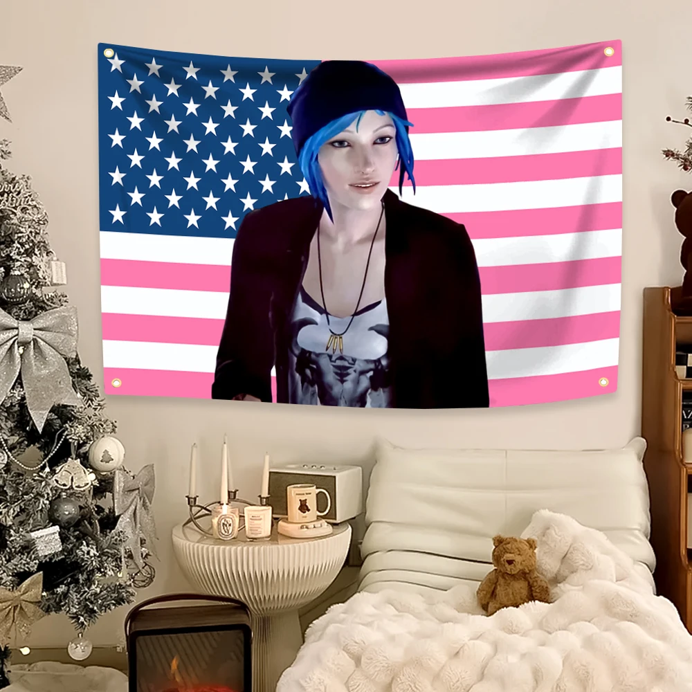Chloe Price Tapestry Pink American Flags Game Characters Art Wall Hanging Decor Banners Room Aesthetic Teen Home Tapestry