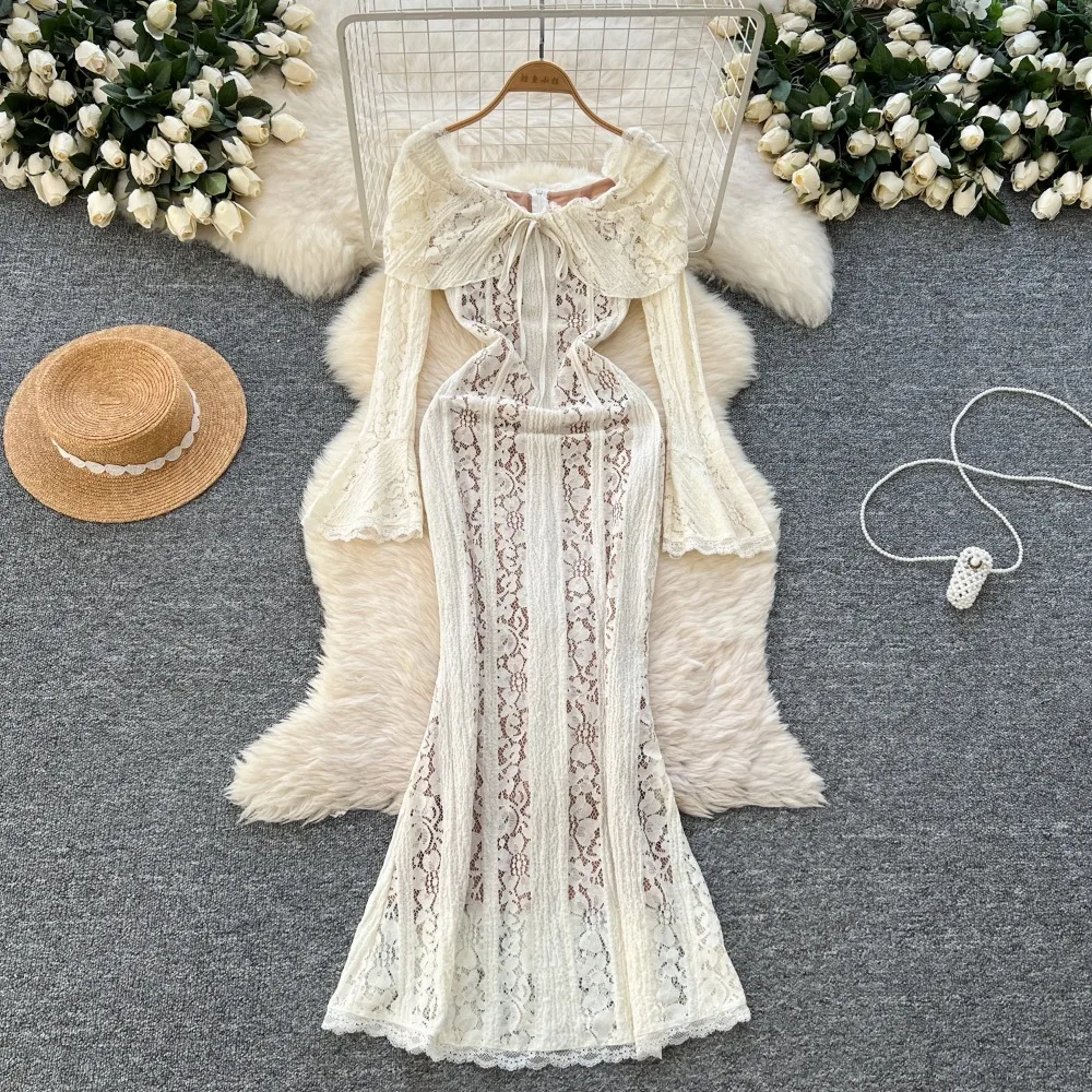 Elegant Turn-down Collar Vintage Lace Ruffle Chic Flare Long Sleeves Slim Long Dresses French Evening High Street Sexy Clothing