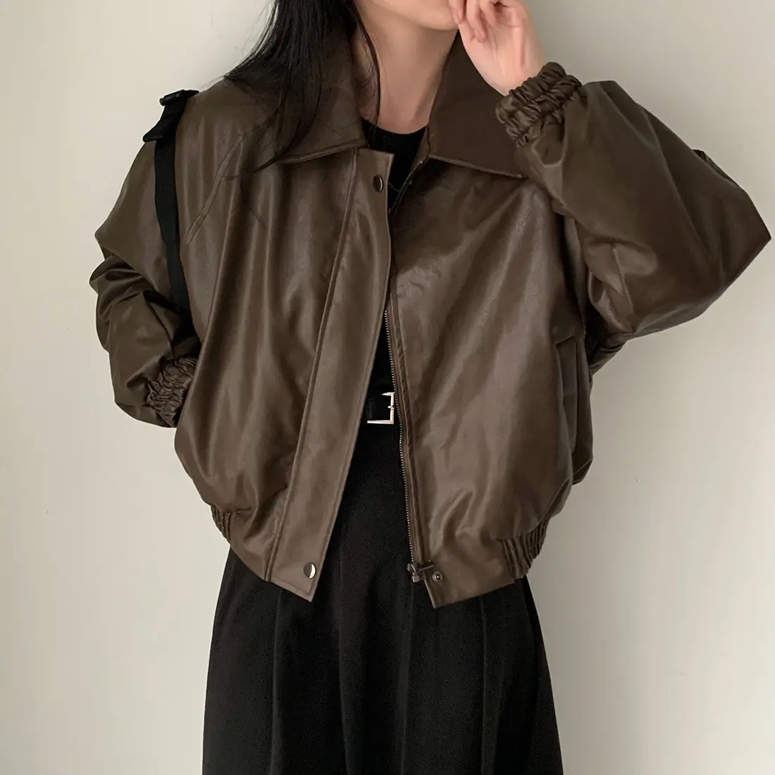 أنيقة Fce اصطف طويل Sve فضفاض جلد Jaet المرأة الخريف الشتاء تنوعا عارضة التلبيب معطف ملابس خارجية مريحة