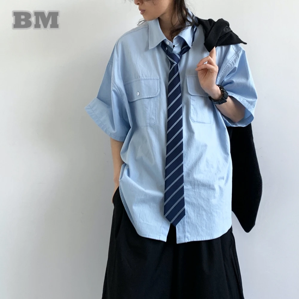 ‌Japanese Style Unisex Summer Casual Blue Shirt Loose Fit Vintage Streetwear Oversize College Trendy Harajuku Short Sleeve Top