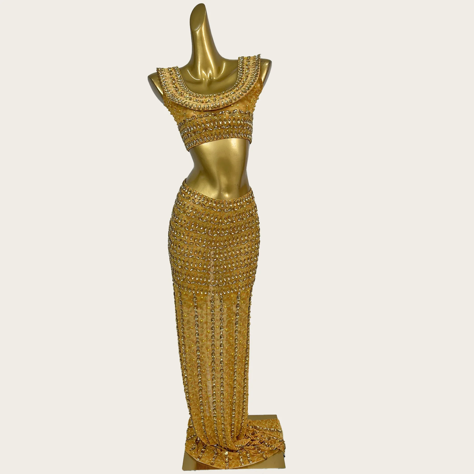 

Prom Sparkly Rhinestone Luxury Mesh Evening Gown Women Sexy Crop Tops Long Skirt 2Pieces Set Birthday Party Costume Huangjinxian