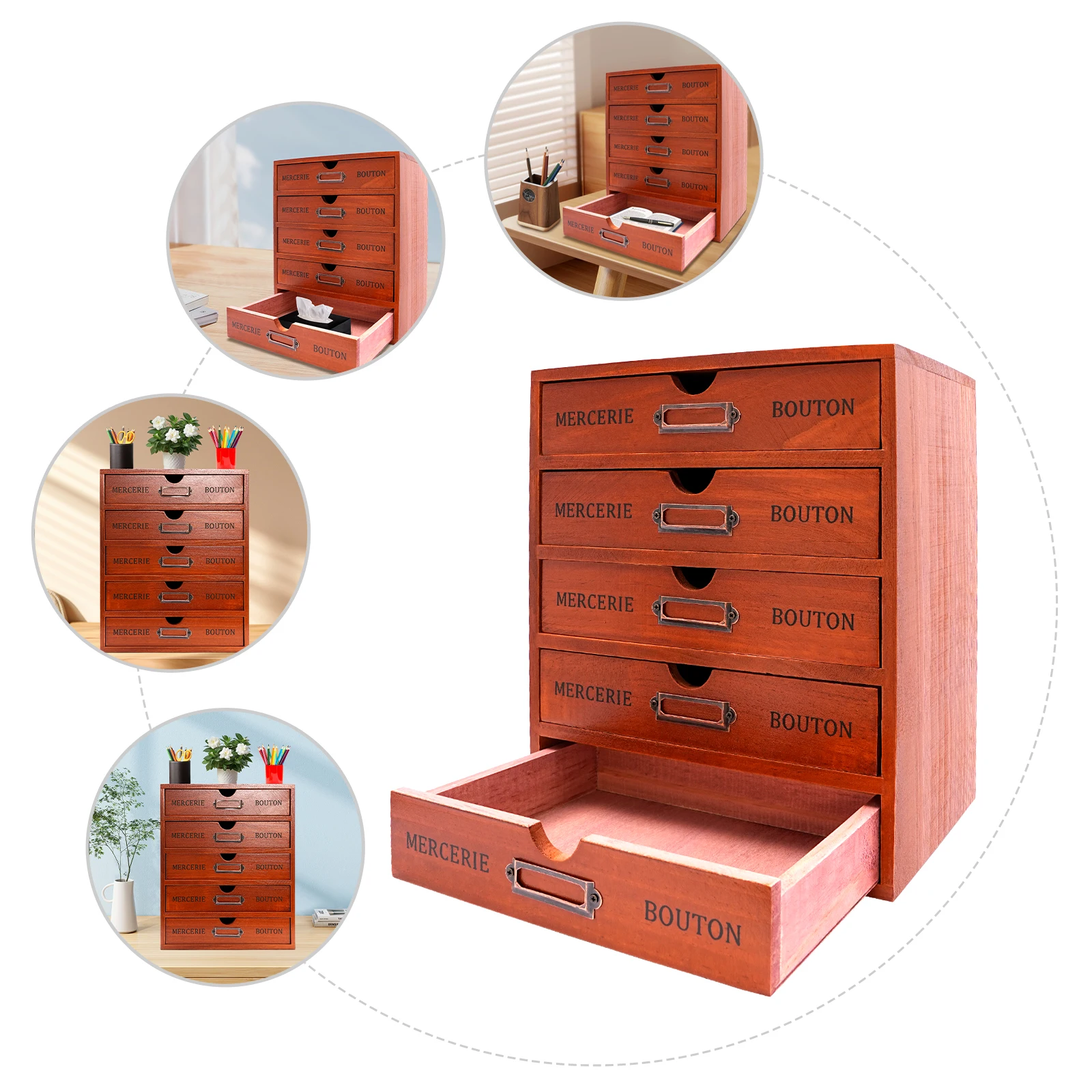 Retro Wooden Storage Cabinet, Multifunctional Storage Drawer Style Organizing and Storage Box for Office Desktop, 5 Layers