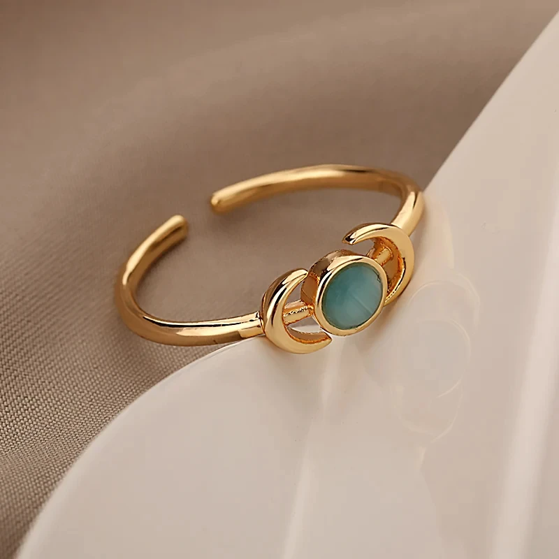 Edelstahl Lotusblume Ring für Frauen Gold Farbe Vintage Stein Opal Oval Blume Ring Mode Ästhetischen Schmuck Geschenk