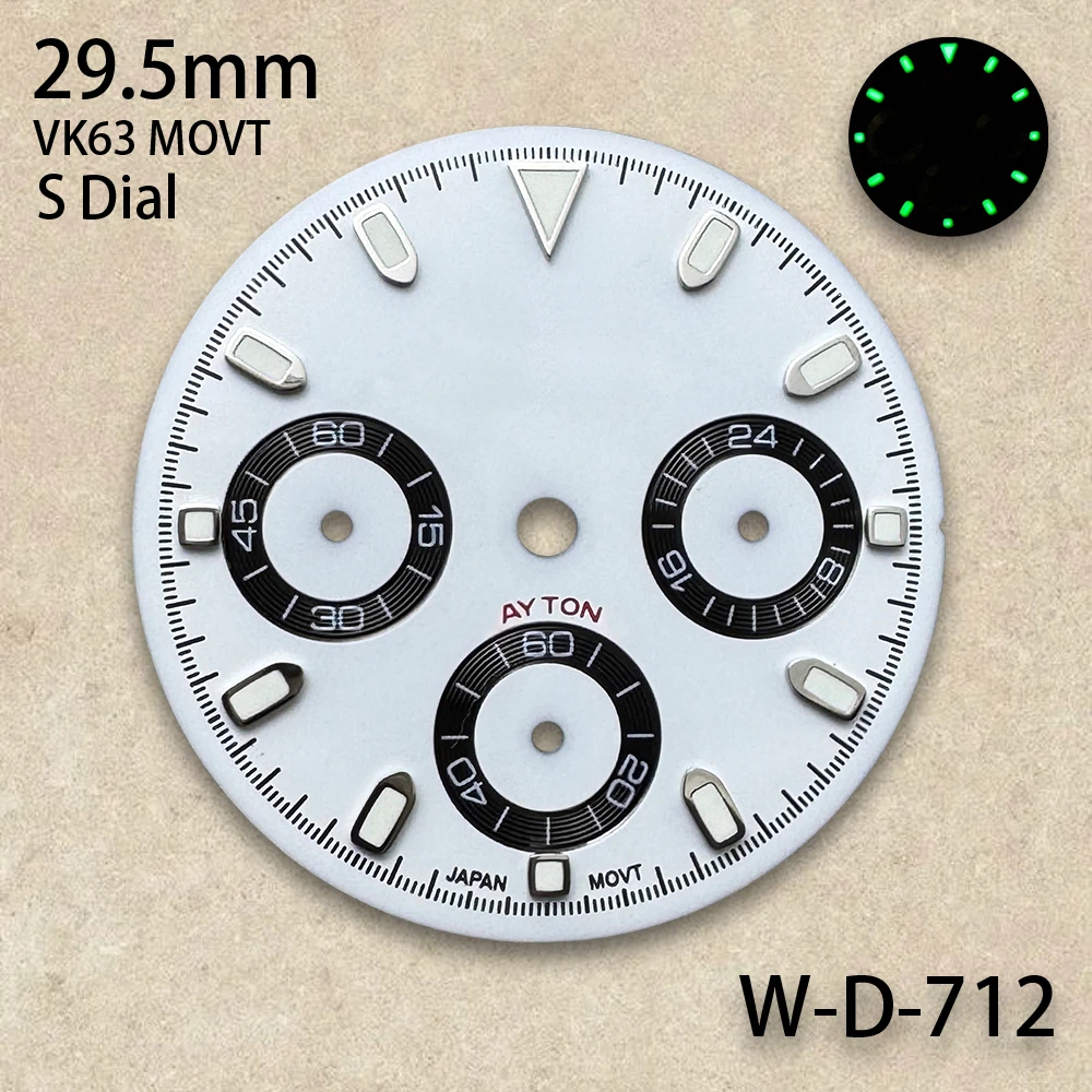 29.5mm S Logo panda DTN Dial Fit VK63 Movement Green Luminous High-Quality Dial Watch Modification Accessories