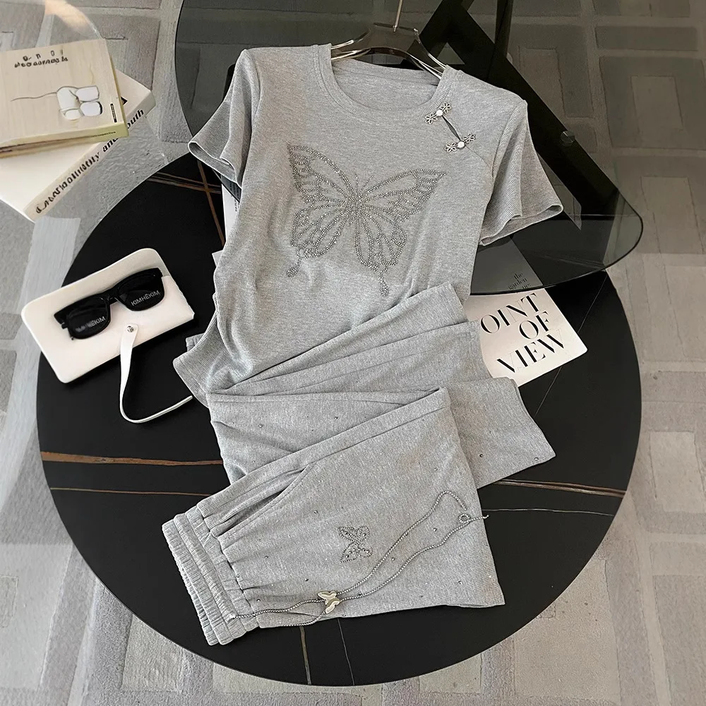 

Grey Rhinestone Butterfly Casual Sports Suit Women's Summer Stylish Slimming Top High Waist Wide Leg Pants Two-piece Set Trendy