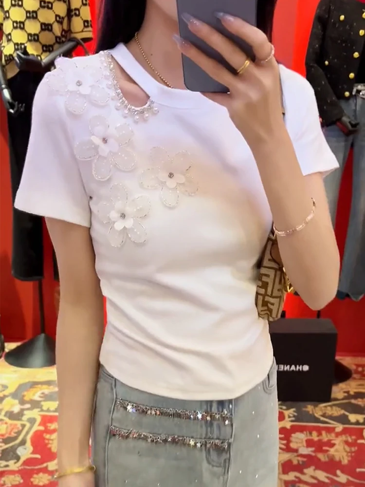 Beaded three-dimensional flower short sleeved T-shirt for women summer 2024 Heavy industry diamond hollow off shoulder top Tees