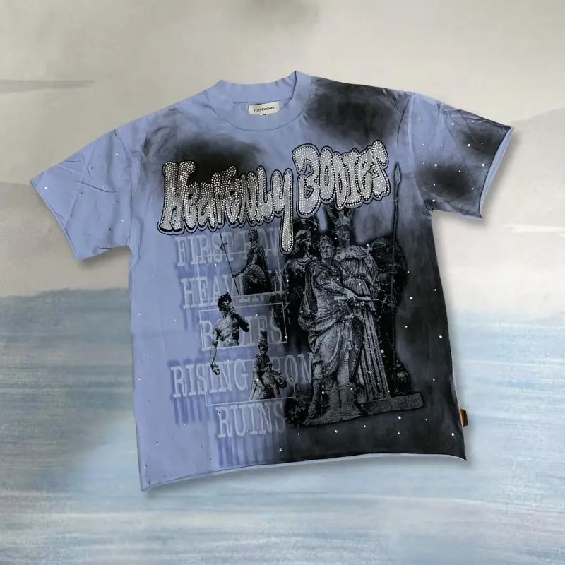 

Real Photo Summer Cotton Blue FIRST ROW Tshirt Heavy Industry Hot Drill Graffiti Sculpture Short Sleeve Men Women Loose Tees