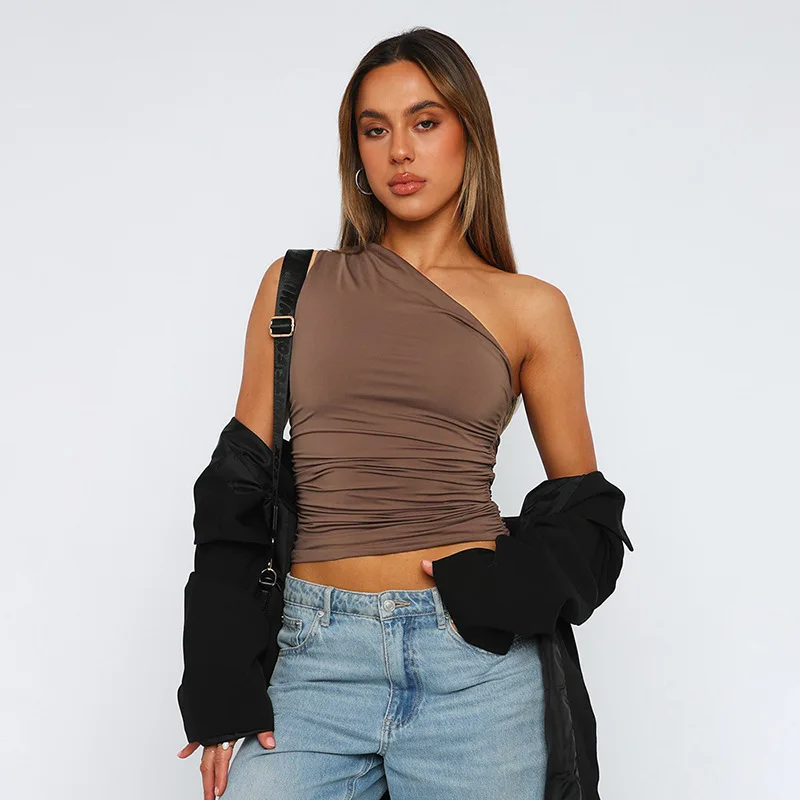 Einfarbig eine Schulter rücken frei schrumpfen Tank Top T-Shirt Süßigkeiten Farbe eng sexy ärmellose Hals ohne schlanke Casaul Top – Detail 6