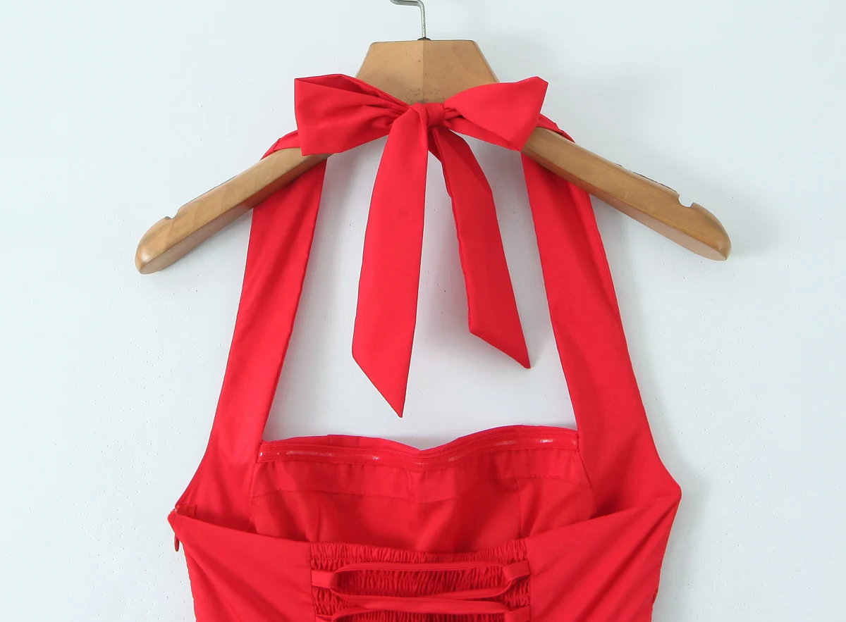 섹시한 레드 타이 보우 홀터 슬래시 칼라 슬링 드레스 여성용 로우 웨이스트 A라인 플리츠 스윙 롱 백리스 메쉬 안감 파티 드레스