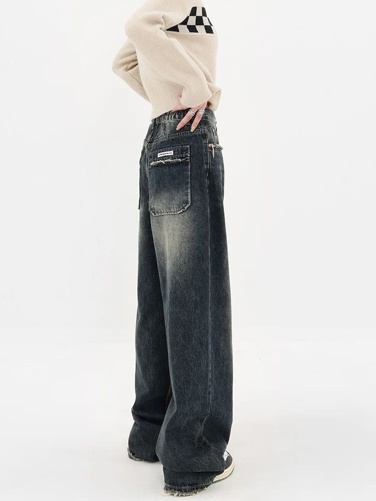 

Harajuku Streetwear Retro Fashion Autumn Women High Waist Jeans Loose Wide Leg Straight Loose Denim Trousers Y2K Baggy Pants