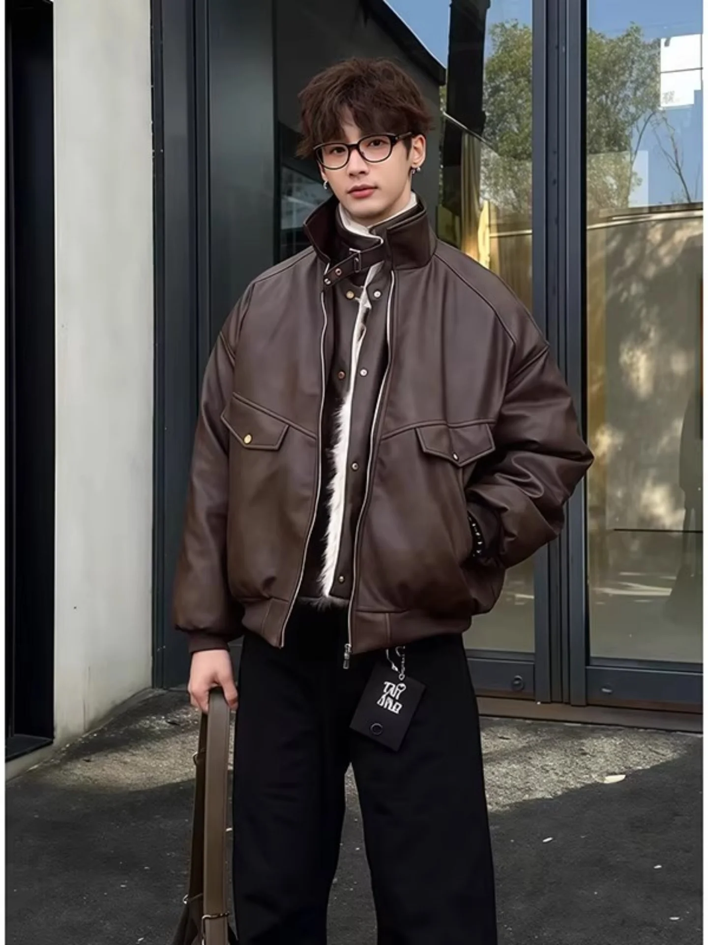 

American Sle Thiened Double Layer Collar Men's Cotton Jaet Winter Warm Motorcycle Leather Jaet Outerwear with Fur Collar