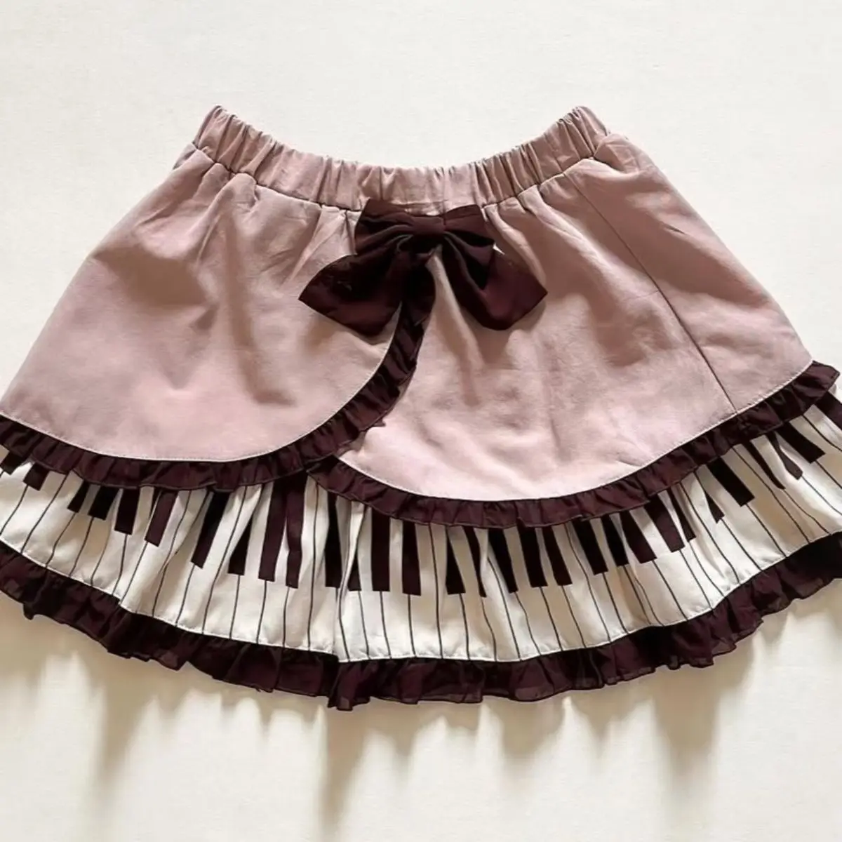 Vintage Sweet Lolita Piano Key Mini Skirt Tiered Ruffle Bow Detail  Brown Japaneser Harajuku Subculture Kawaii Party Outfit