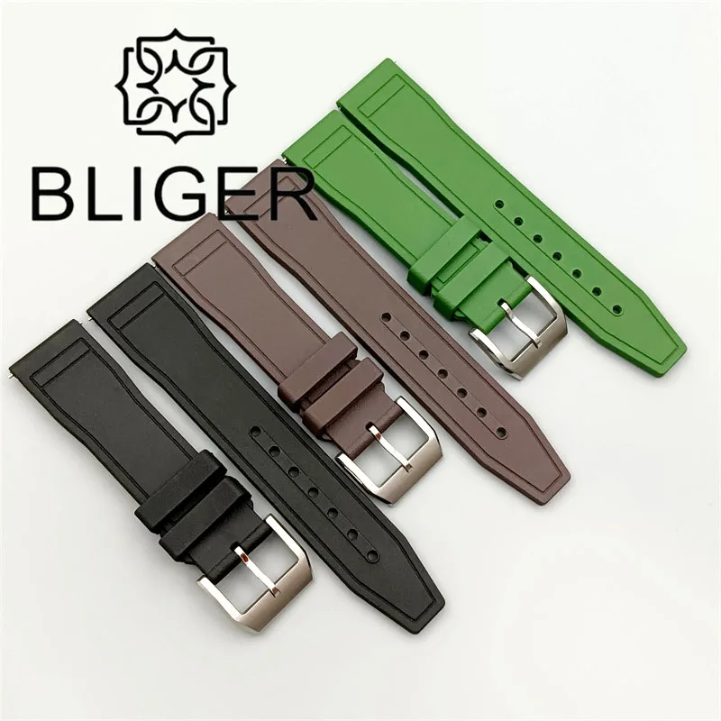 BLIGER 20mm Rubber Watch Strap Black Blue Green Brown  Watch Band Silver Stainless Steel Pin Buckles Wrist Belt