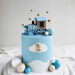 17PCS Blue Train Cake Topper Balls Cake Decorations with Star Cake Toppers for Train Theme Baby Shower Birthday Party Decoration
