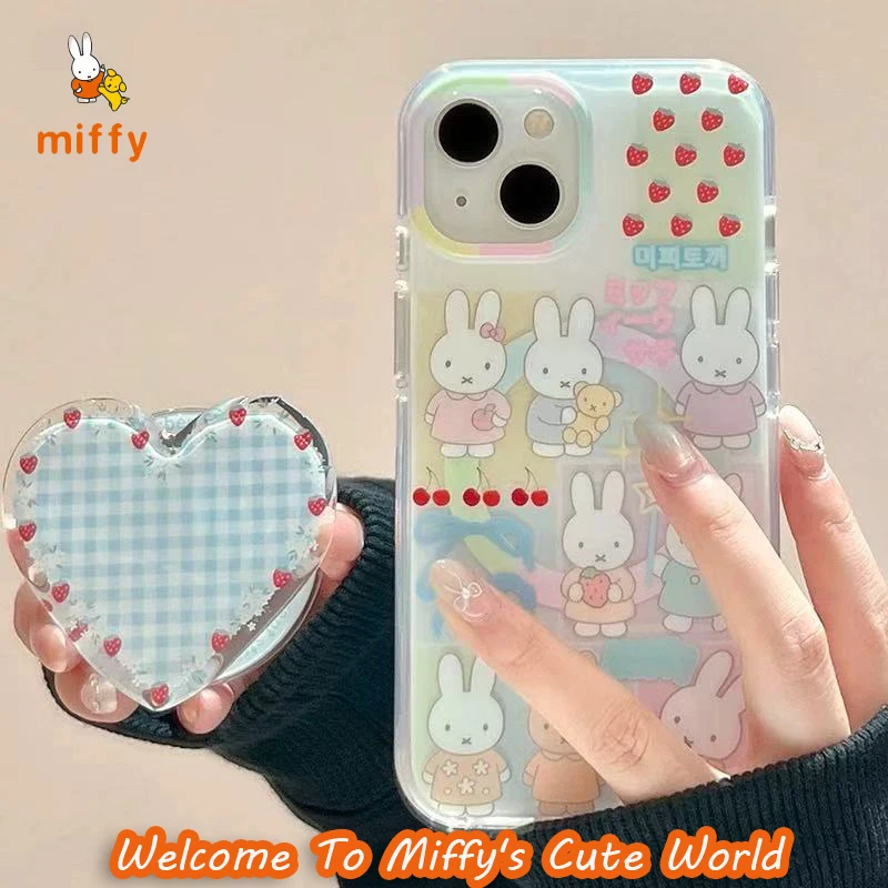 

Checkered Miffy Phone Shell Suitable for Iphone 16 15 14 13 Cartoon Love Shape Magnetic Stand Anti Drop Phone Case Perfect Gifts