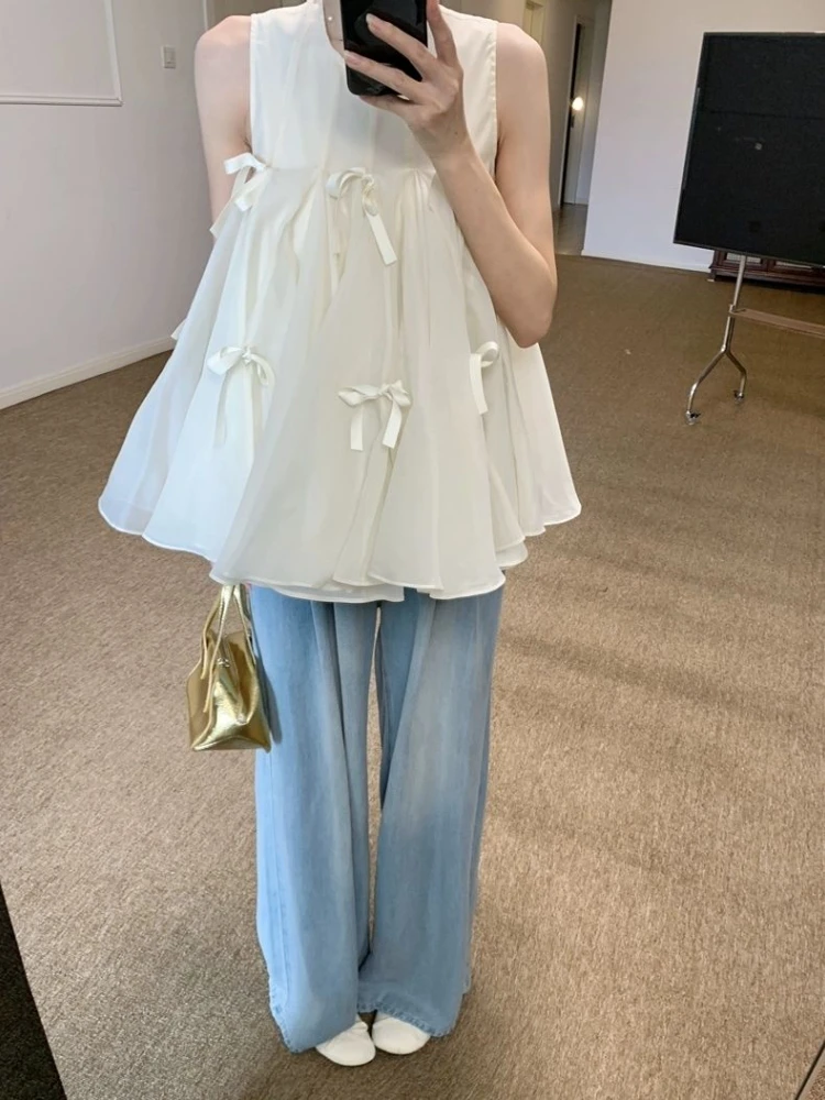 

Sweet Bow Sleeveless Blouse Women Summer Round Neck Pleated A-line Bud Tops Korean Style Fairy Beach Party Mesh Shirt