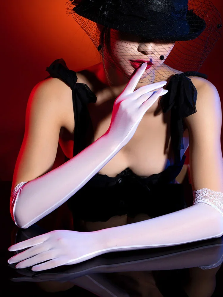 Sexy Lace Cuffs Long Glove Oil Glossy Silky smooth Glove Elastic Sheer Thin Wedding Sunscreen Driving Dance Gloves for Women