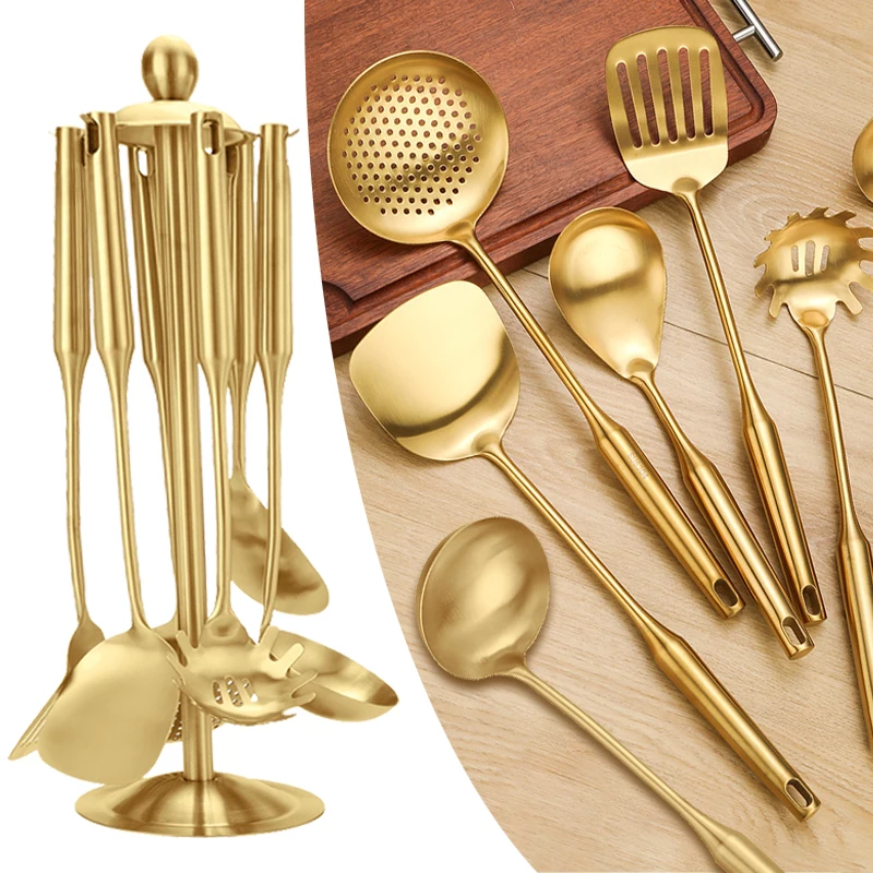 Utensilios de cocina de acero inoxidable, cuchara de sopa dorada creativa, colador de fideos, olla caliente, cuchara de arroz, herramienta de cocina para freír, 1/7 Uds.