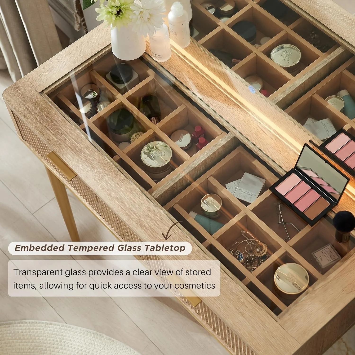 Equipado com espelho de alta definição de 36 polegadas, penteadeira de 48 polegadas com espelho e luz e 5 gavetas (Carvalho Natural)