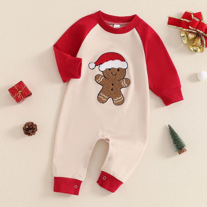 Baby Fall Christmas Romper Gingerbread Man Embroidery Long Sleeve Crew Neck Full Length Jumpsuit for Boys and Girls