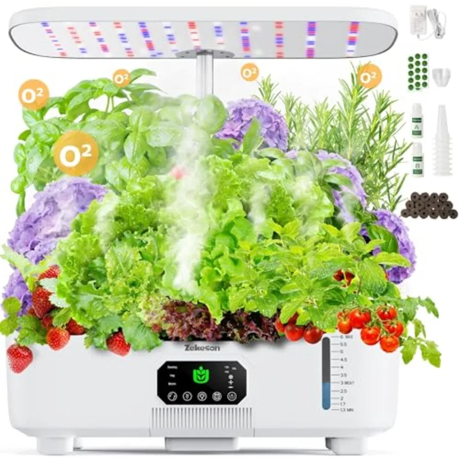 Indoor smart herb garden planter for hydroponic growing, white ABS plastic, with LCD touch panel, 15-pod capacity, 6L tank, ide