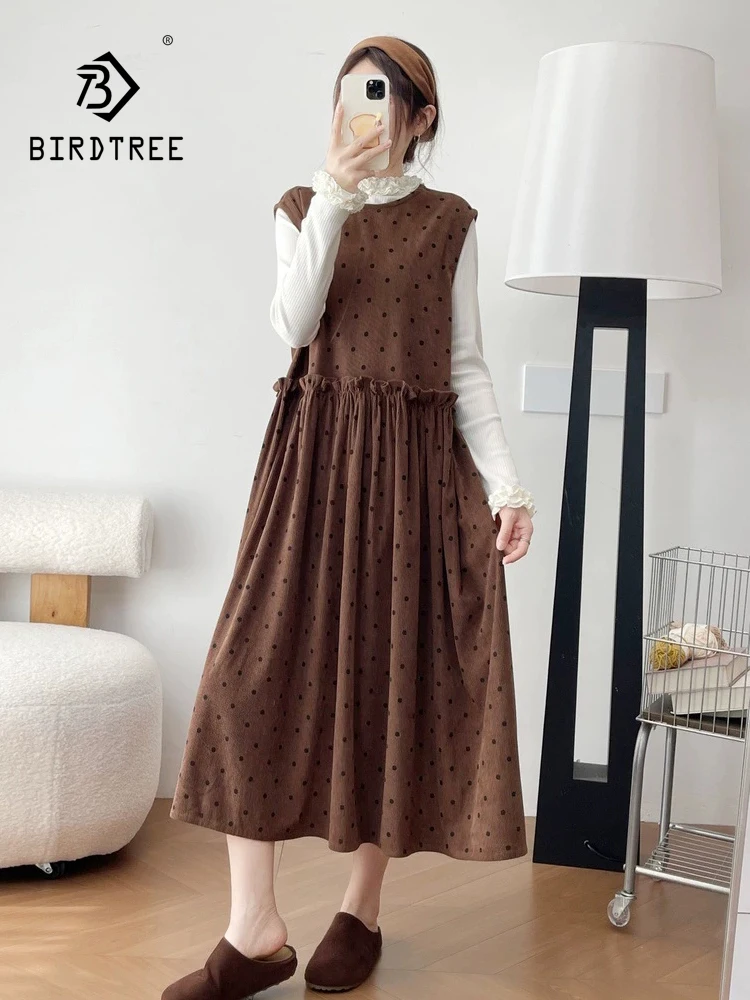 New 2026 Autumn Women Cotton Blended Vest Dresses, O Neck Dot Print Ruffles, Mori Girl Back Bow Sweet Chic Loose Dress D69824CC