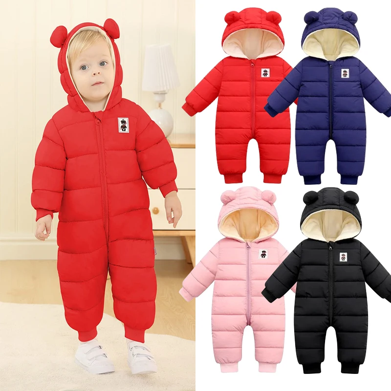 Baby Clothes Winter Thick Warm Jumpsuit Infant Rompers Hooded Outdoor Clothing Warm Down Jacket Baby Casual Jumpsuits