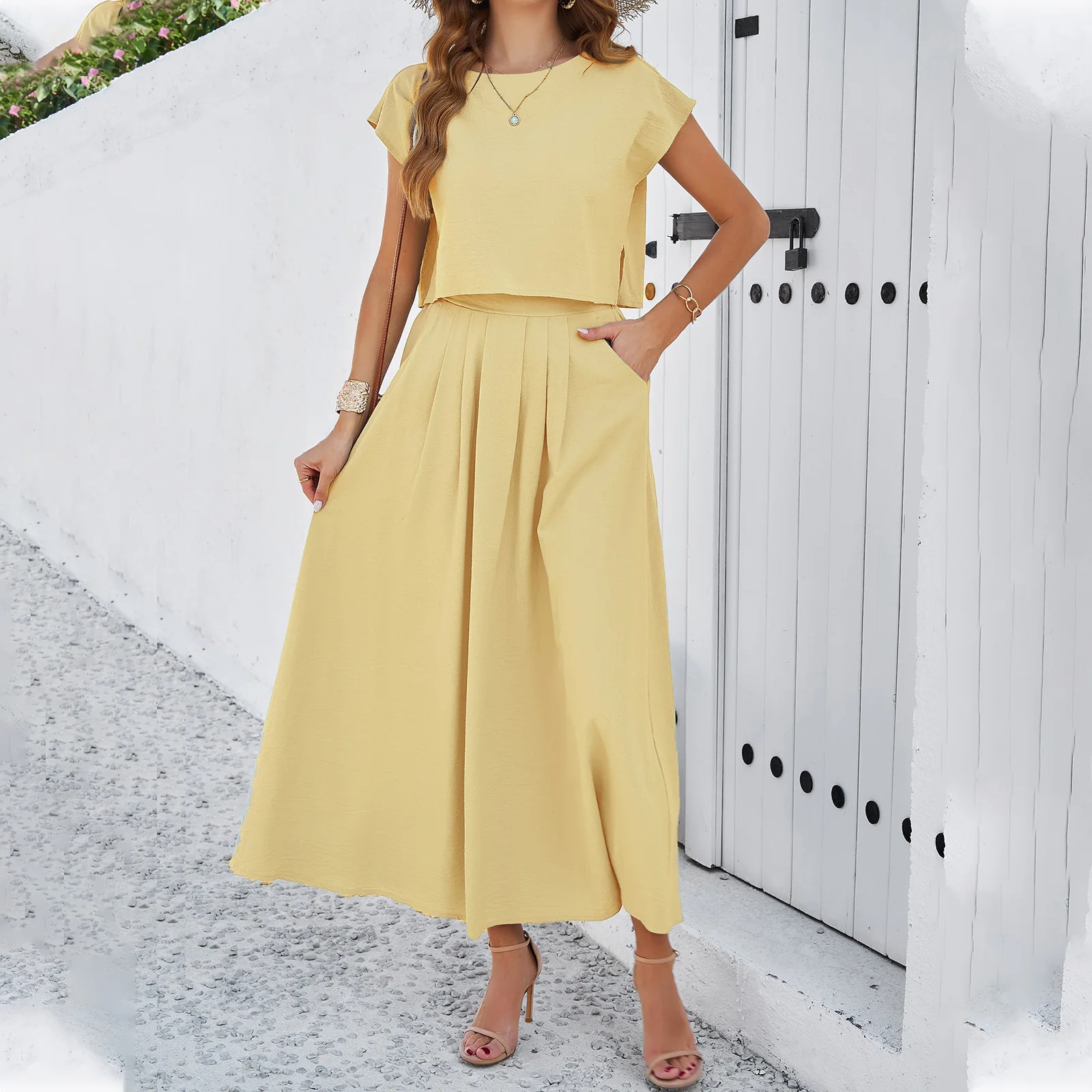 2025 New Summer Womens 2 Piece Outfit Set O-neck Lady's Short Sleeve Tops Solid Color Female Skirt Women's Clothing Sets