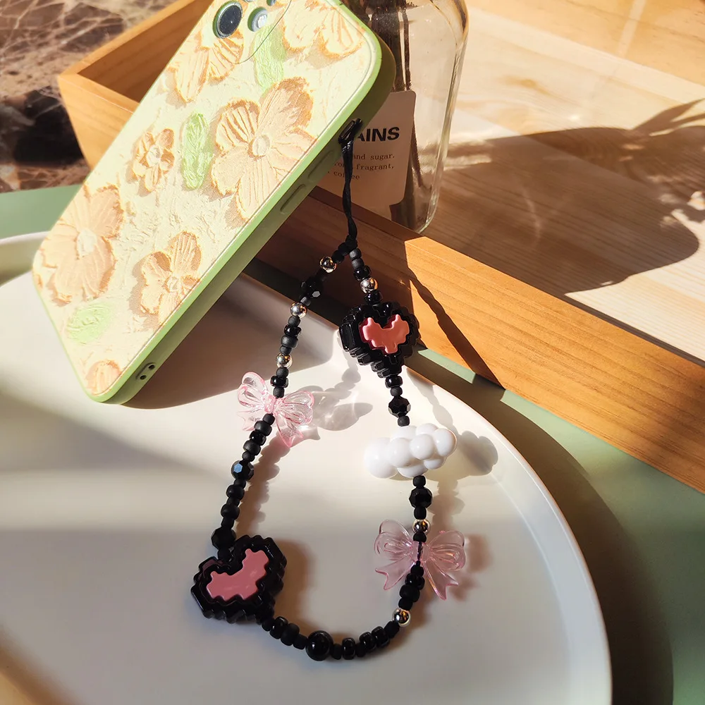 HERLOOK Pixel Heart Phone Straps Bowknot Phone Charm Y2K Accesories Korean Clouds Chain for Cellphone Cute Jewelry