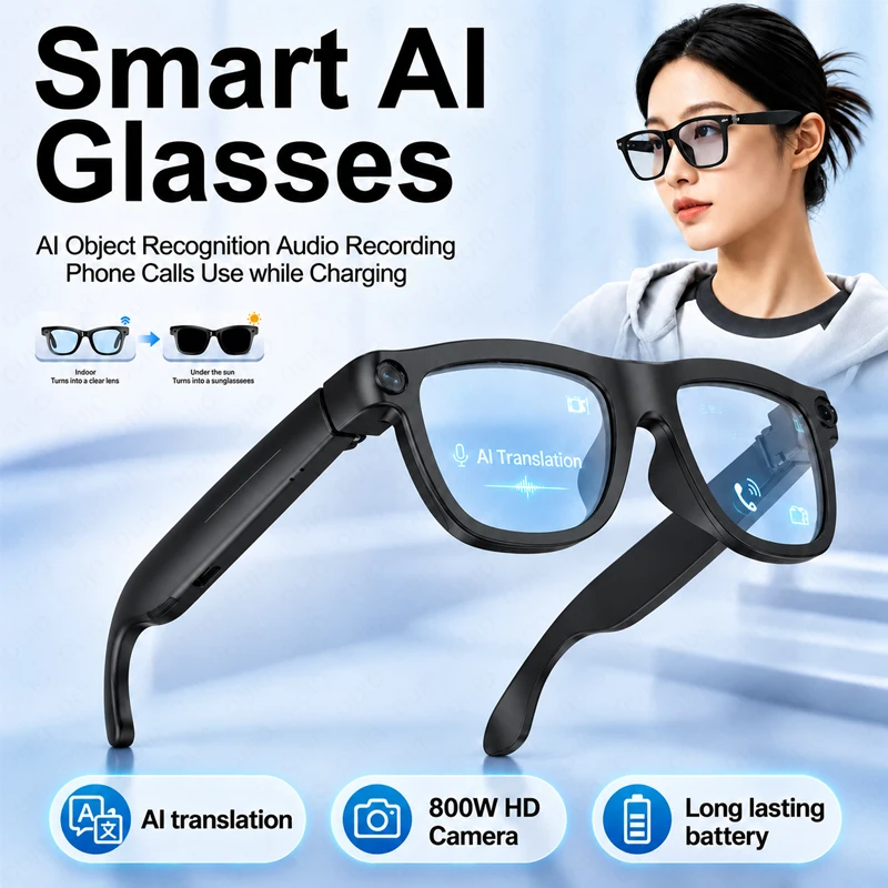 Smart Al Glasses 800W HD Camera Al Object Recognition Translation Audio Recording Phone Calls Use While Charging Smart Glasses