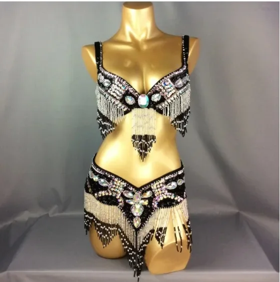 High Quality Women's Beaded Crystal Belly Dance Costume Wear Bar+Belt Set Sexy Female Bellydancing Costumes