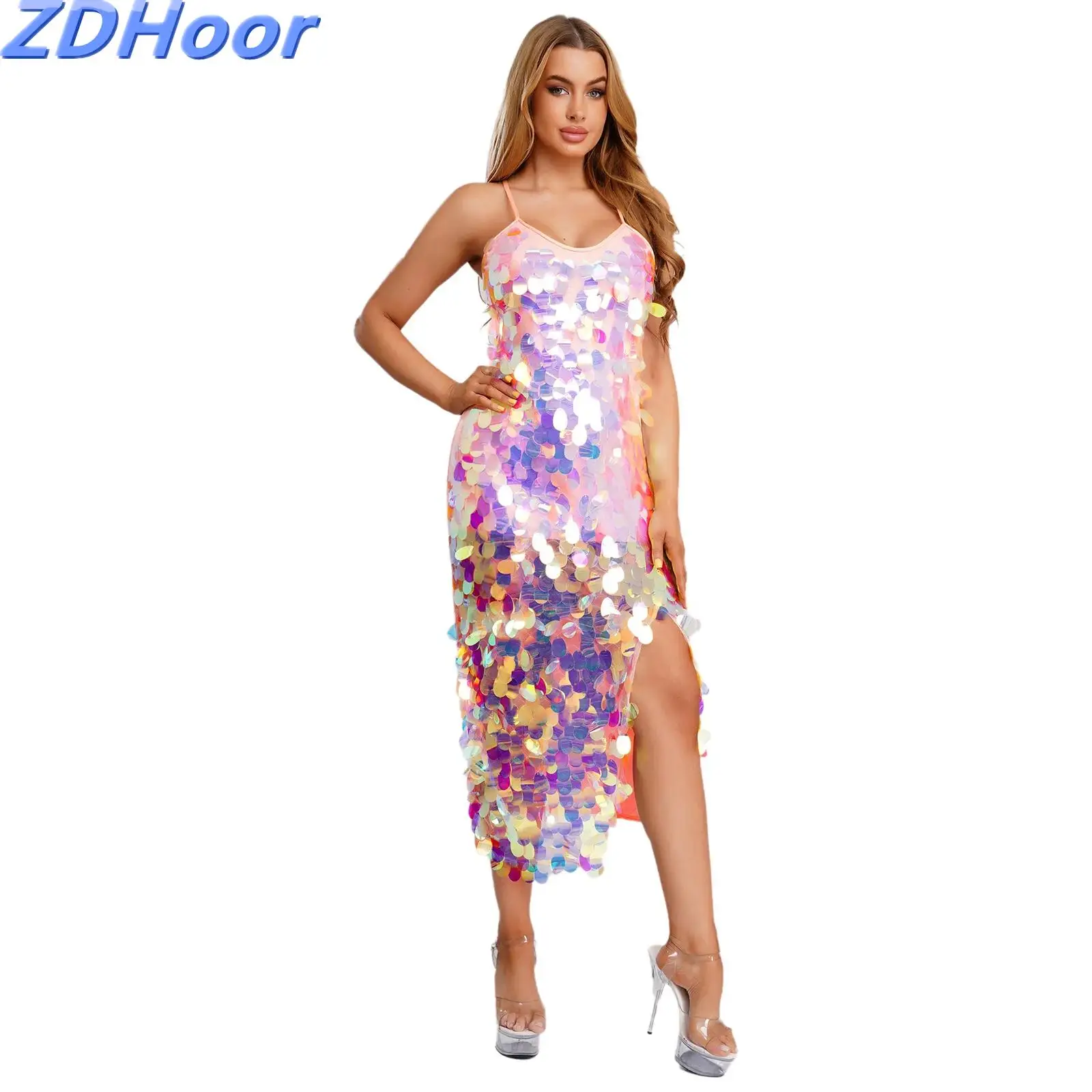 

Womens Glittery Gradient Sequin Dance Dress Sleeveless Side Split Hem Mermaid Sequin Maxi Dress for Belly Latin Tango Samba