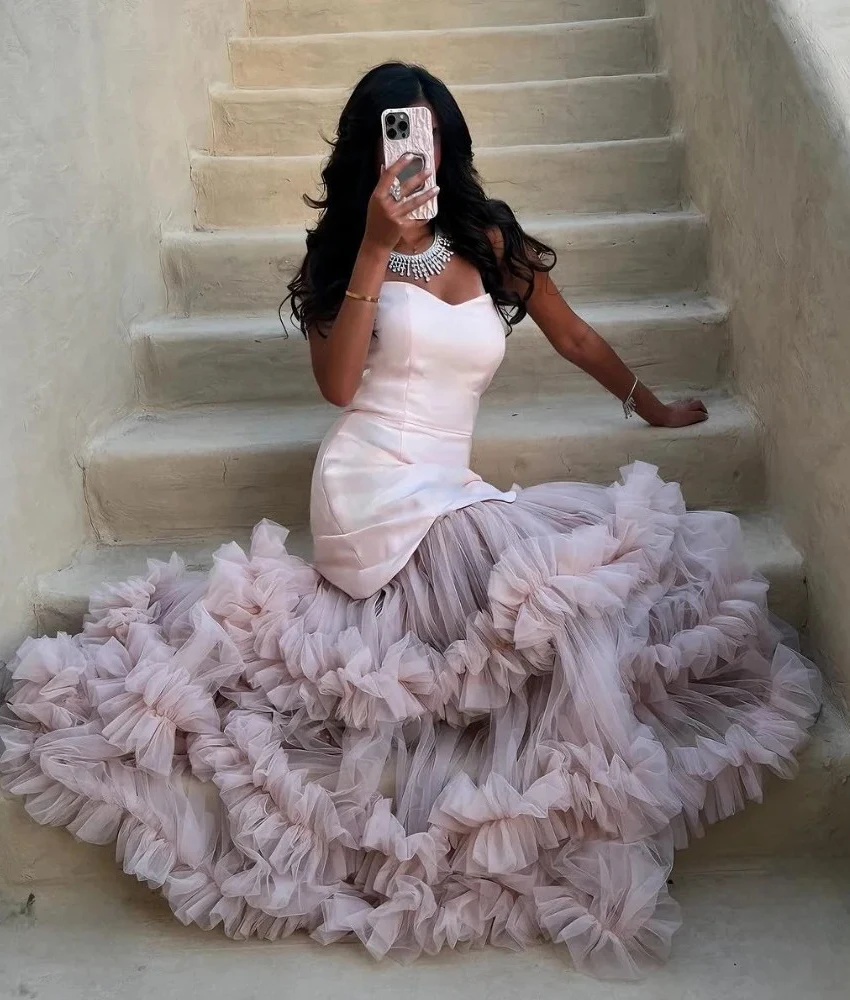 

Customized Graceful Tulle A-Line Ruffles Evening Dress High Quality Sleeveless Sweetheart Floor Length فساتين سهرة