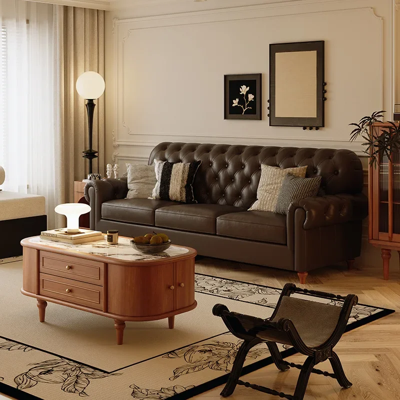 American retro leather sofa antique French first-layer cowhide sofa living room straight row small apartment