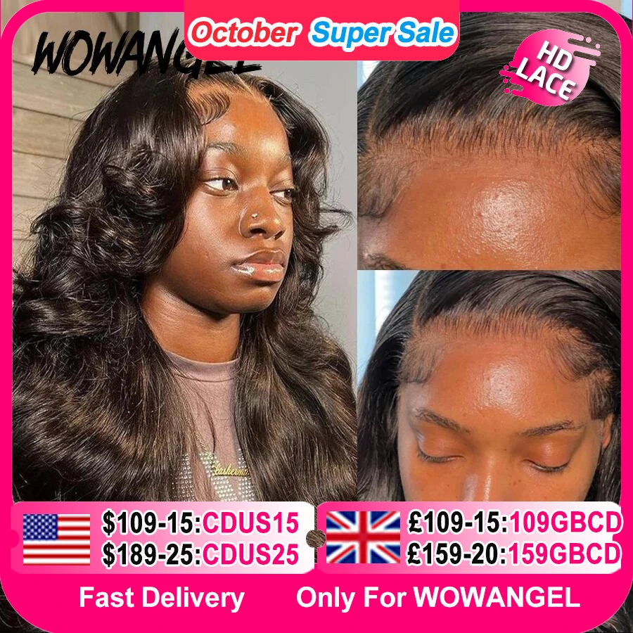 Wow Angel 250% 13x6 HD Parrucca Anteriore Del Merletto Svizzero Del Merletto Sciogliere Pelle Pre Pizzicata Naturale Del Cuoio Capelluto Dell'onda Del Corpo Parrucca Dei Capelli Umani Per La Donna Glueless
