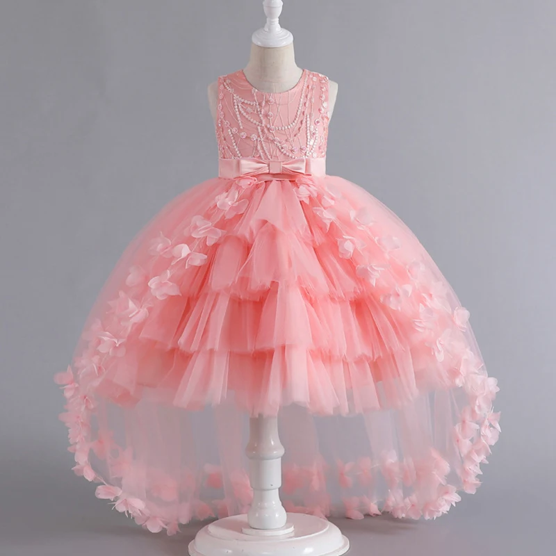 Teenagers Flowers Girls Dress Summer Sleeveless Dragging Tail Children's Princess Dress Walking Piano Performance Kids Clothes