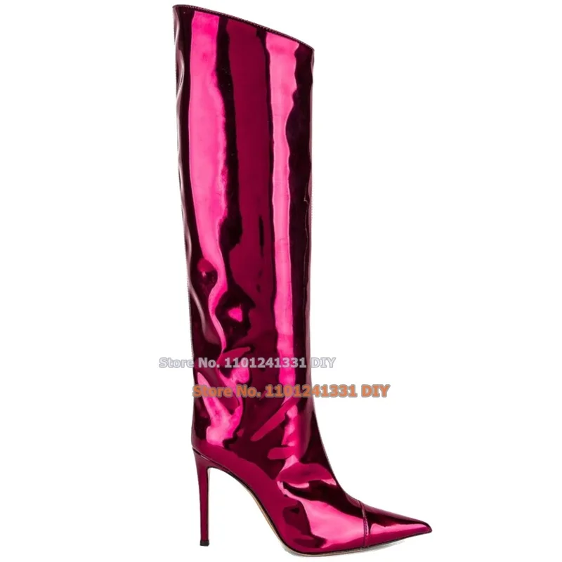 Bright Mirror Leather Iconic Glossy Patent Pointed Toes Knee High Boots Women Stilettothin Heels Autumn Winter Long Bota