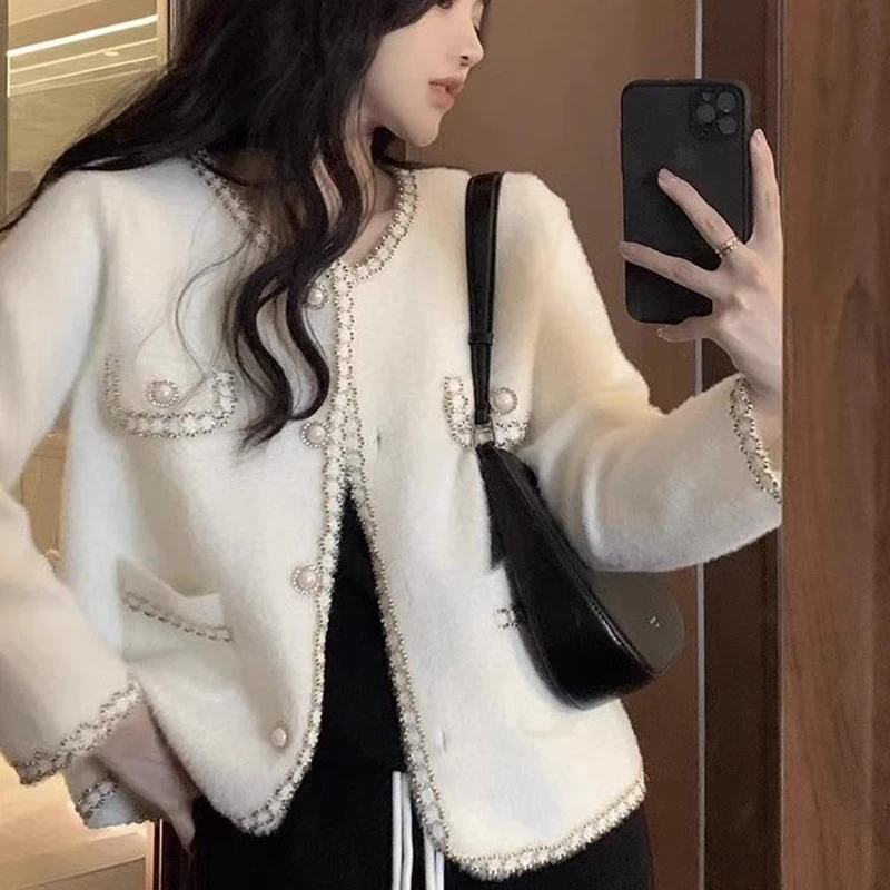 Korean Style Mink Fur Knitted Cardigans Women Autumn Winter O-Neck Pockets Single Breasted Sweater Coats Gentle Elegant Tops