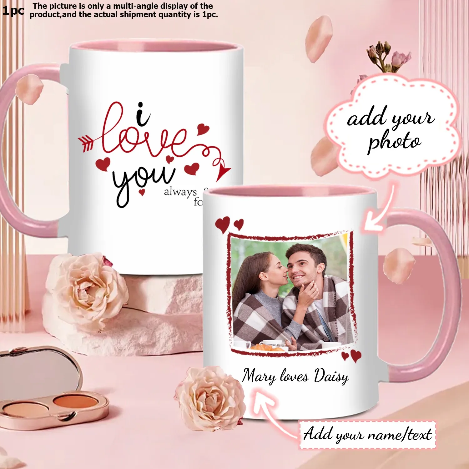 1pc 3D Print Customized Photo Ceramic Cups with Handgrip Romantic Words Party Mugs Water Cups Valentine's Day Gift for Wife