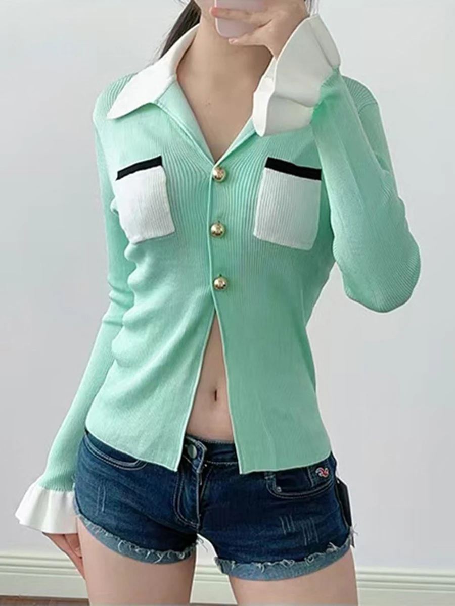VGH Elegant Solid Slimming Blouses For Women Lapel Long Sleeve Patchwork Pocket Spring Designer Shirt Female Fashion Style New