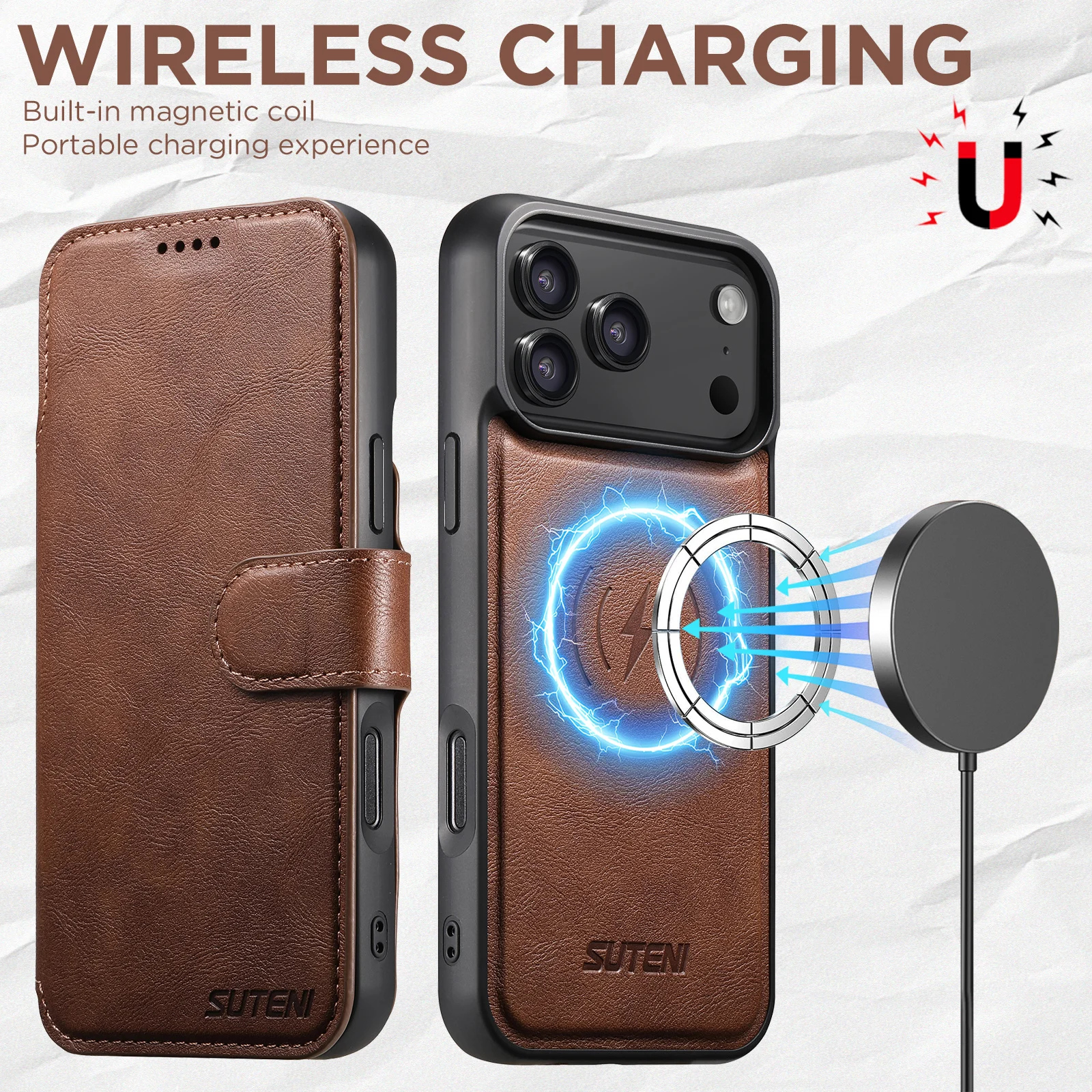SUTENI Kunstleder Kabelloses Ladegerät Kartenhalter Ständer Brieftasche Magnetische Klapphülle Handyhülle für iPhone 18 Pro Max 17 16 15 14 – Detail 15
