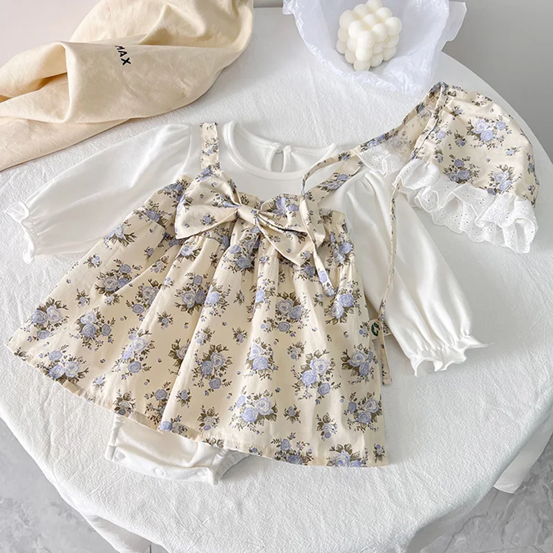 2024 New Spring 0-24M Children Clothes Toddler Baby Girl Romper+Hat Long Sleeved Cotton Floral Printing Infant Baby Jumpsuit