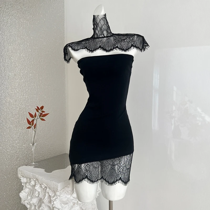 

Sexy Hot Girl High-neck Lace Strapless Halter Dress for Women High Waist Bodycon Mini Dresses Evening Party Short Dress Female