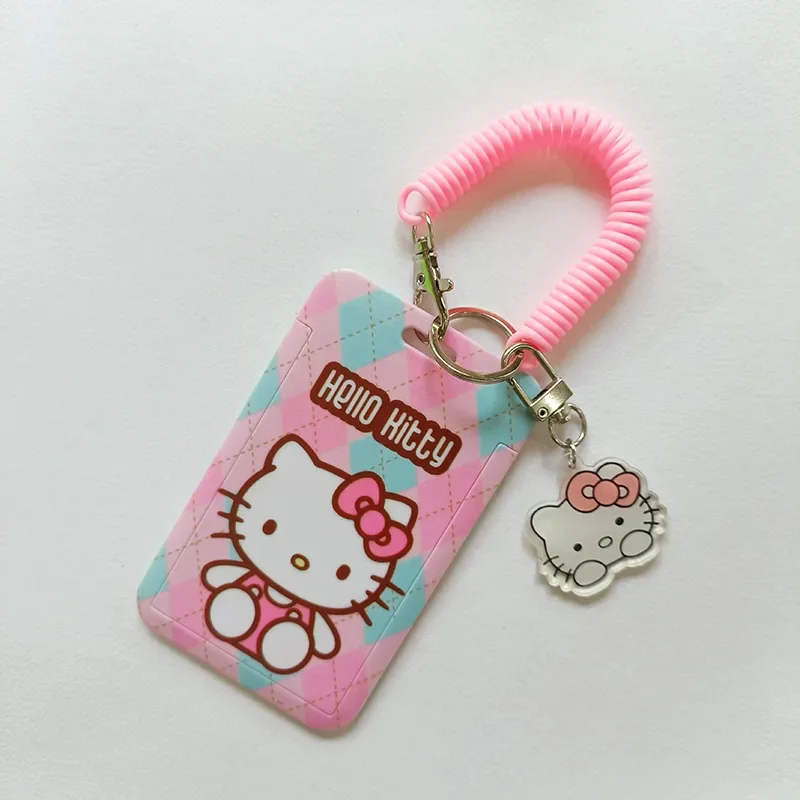 

Hello Kitty Kulomi Melody Cartoons Protective Case Sanrio PVC Card Holder+spring Rope Lanyard ID Anti-lost Pendant Keychain