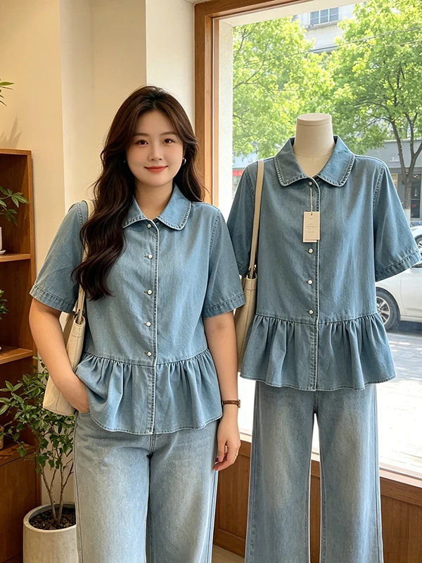 

plus Size Thin Short Sleeve Denim Shirt Women's Summer New Style Sweet And Salty Shoulder Regular Thickness Korean Version Co...