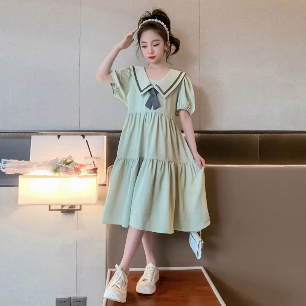 

Bowknot Girl Princess Dress Loose Puff Short Sleeve Teenagers Dresses Sweet Preppy Style Children Bubble Dress Summer