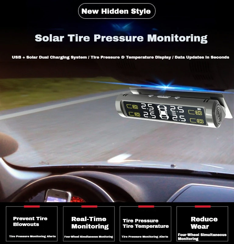 Solar Power External Sensor 2026 Auto Security Alarm Tyre Pressure Car TPMS Tyre Pressure Monitoring System Digital LCD Display